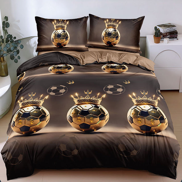 Спално бельо с ластик от 100% памук – кафяво с футболни топки
