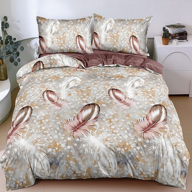 Спално бельо с ластик от 100% памук – сиво и кафяво с пера