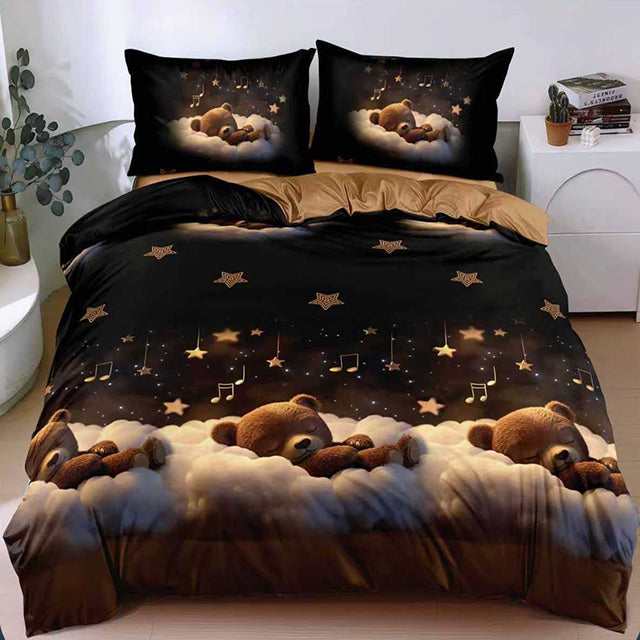 Спално бельо с ластик от 100% памук – черно и кафяво с мечета