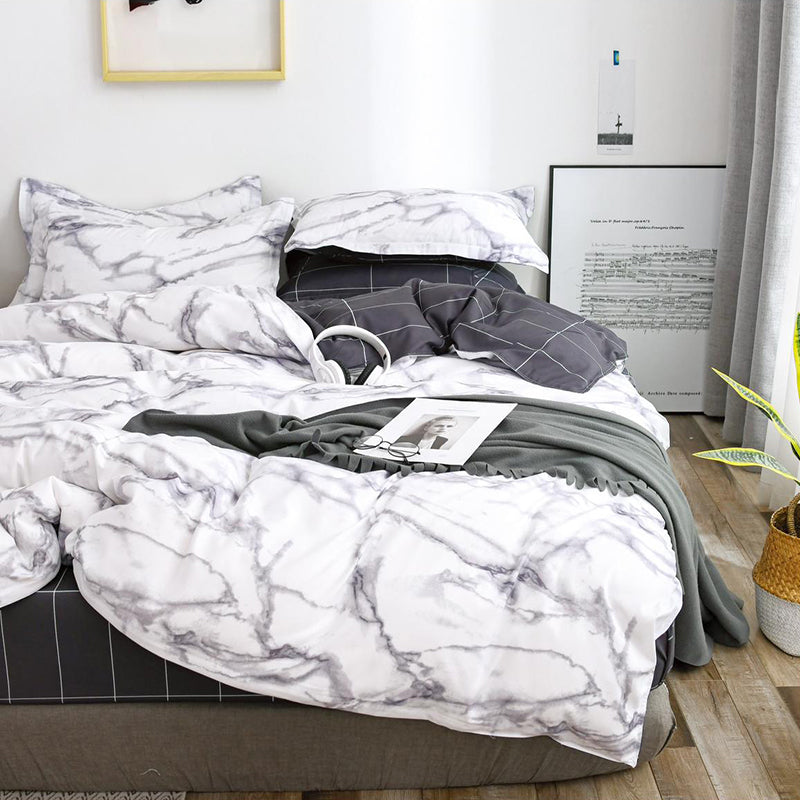 Спално бельо с ластик от 100% памук – бяло с мраморен ефект