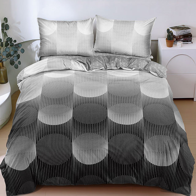 Спално бельо с ластик от 100% памук – черно и сиво с кръгове