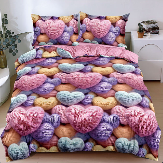 Спално бельо с ластик от 100% памук – розово и лилаво със сърчица