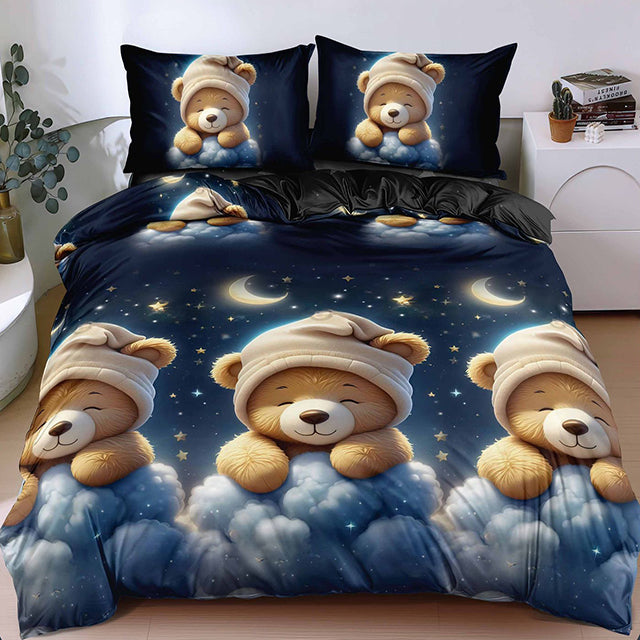 Спално бельо с ластик от 100% памук – тъмносиньо със сладки мечета 