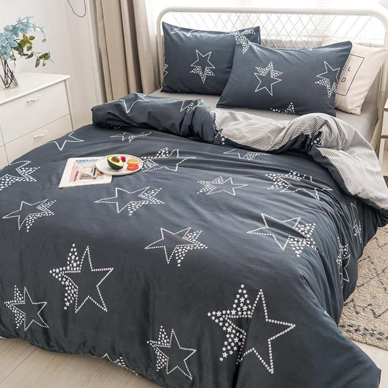 Спално бельо с ластик от 100% памук – сиво със звезди