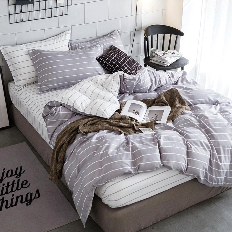 Спално бельо с ластик от 100% памук – светлосиво и бяло с райета