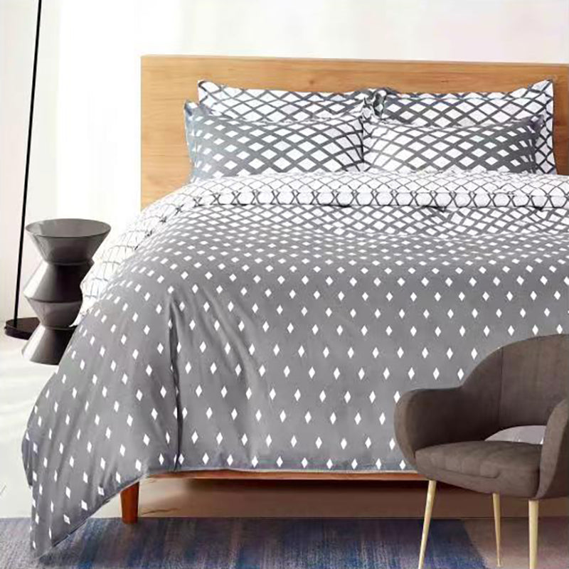 Спално бельо с ластик от 100% памук – сиво и бяло с ромбове