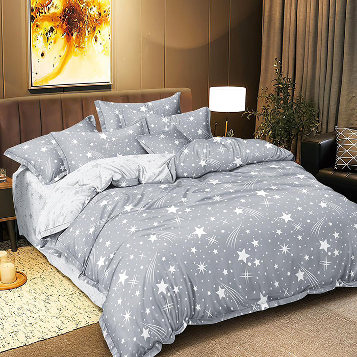 Спално бельо с ластик от 100% памук – сив цвят със звезди