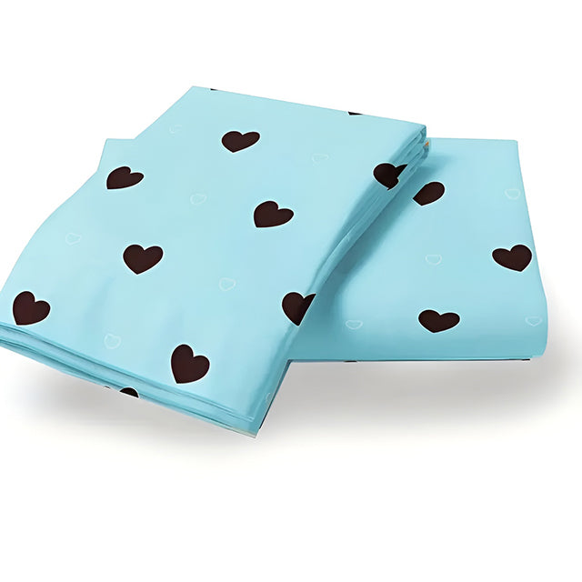 Спално бельо с ластик от 100% памук – синьо и сиво със сърца