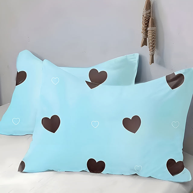 Спално бельо с ластик от 100% памук – синьо и сиво със сърца