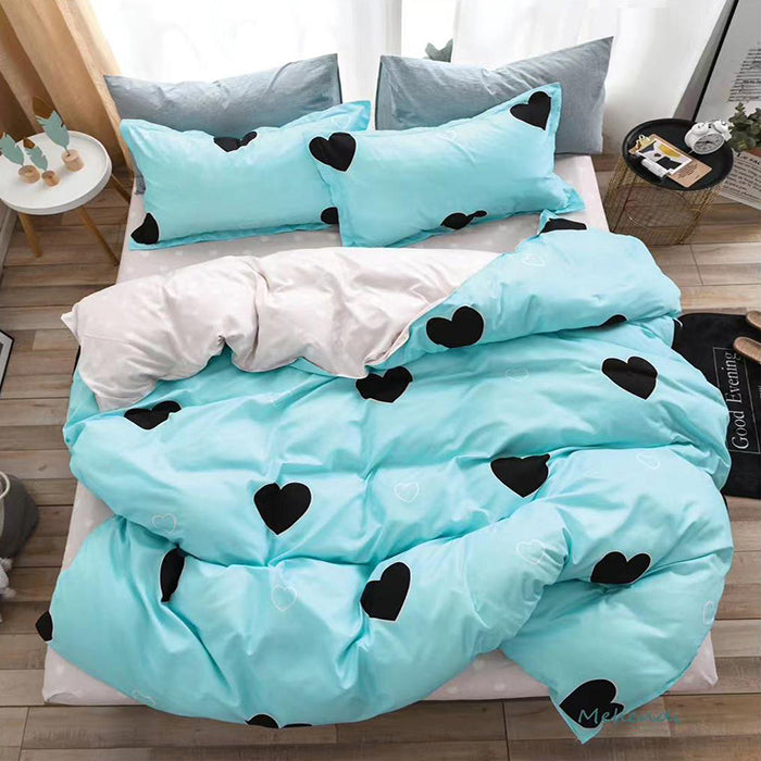 Спално бельо с ластик от 100% памук – синьо и сиво със сърца