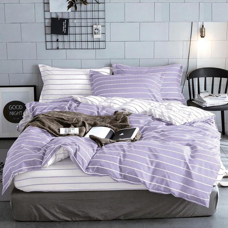 Спално бельо с ластик от 100% памук – лилаво и бяло с райета