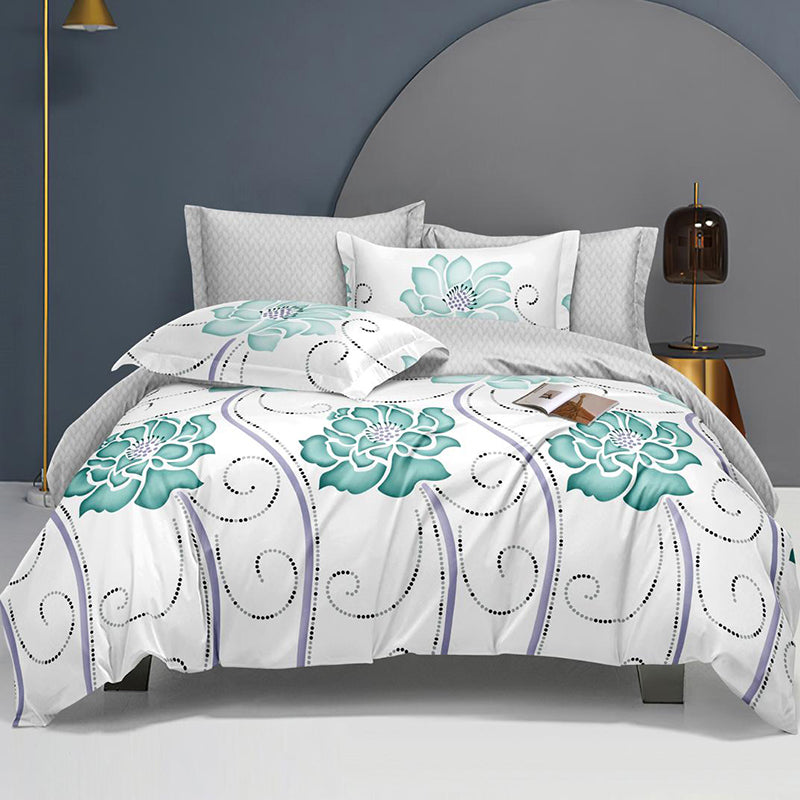 Спално бельо с ластик от 100% памук – бяло и сиво с тюркоазени цветя