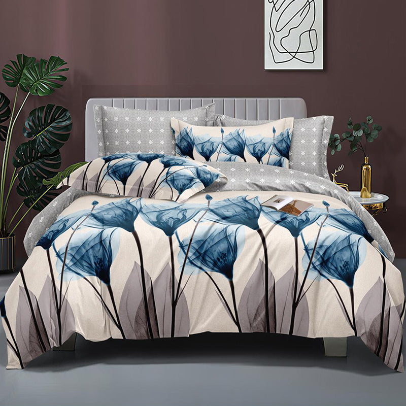 Спално бельо с ластик от 100% памук – кремав и сив цвят със сини цветя