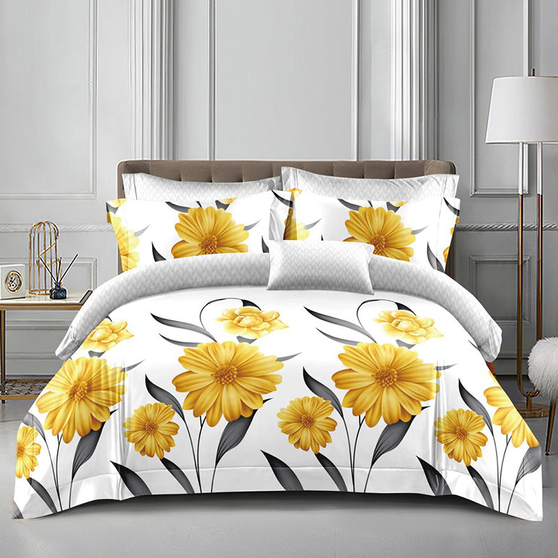 Спално бельо с ластик от 100% памук – бяло и сиво с жълти гербери