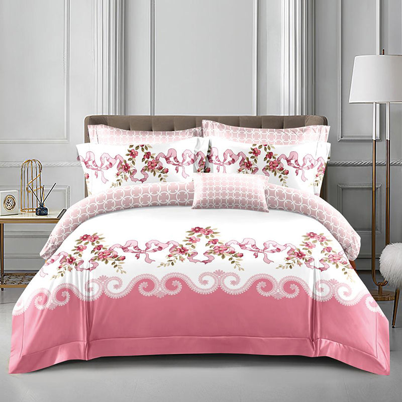 Спално бельо с ластик от 100% памук – бяло и бебешкорозово с панделки и цветя