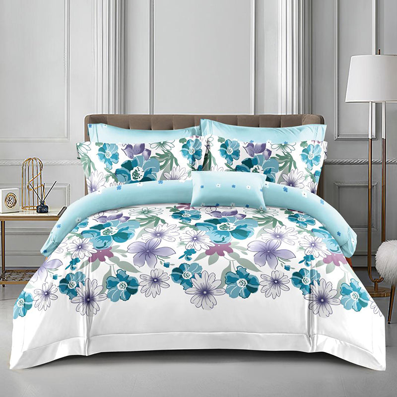 Спално бельо с ластик от 100% памук – бяло и пастелносиньо с цветя