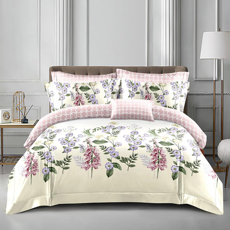 Спално бельо с ластик от 100% памук – екрю и розово с цветя