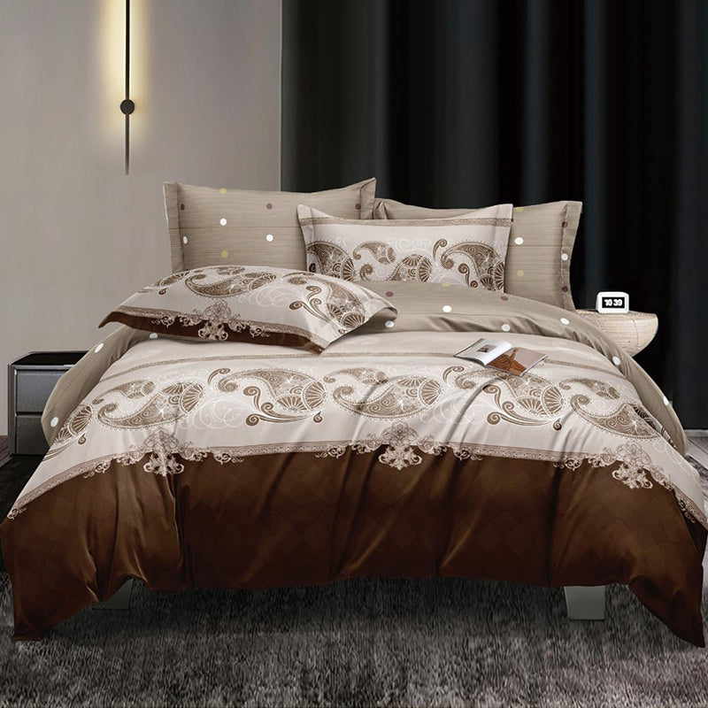 Спално бельо с ластик от 100% памук – кафяво и бежово с орнаменти