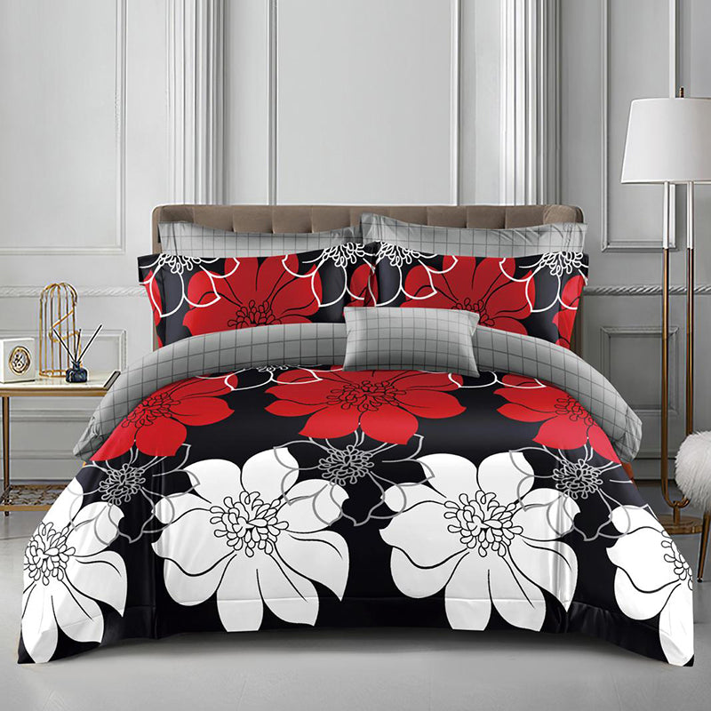 Спално бельо с ластик от 100% памук – черно и сиво с червени и бели цветя