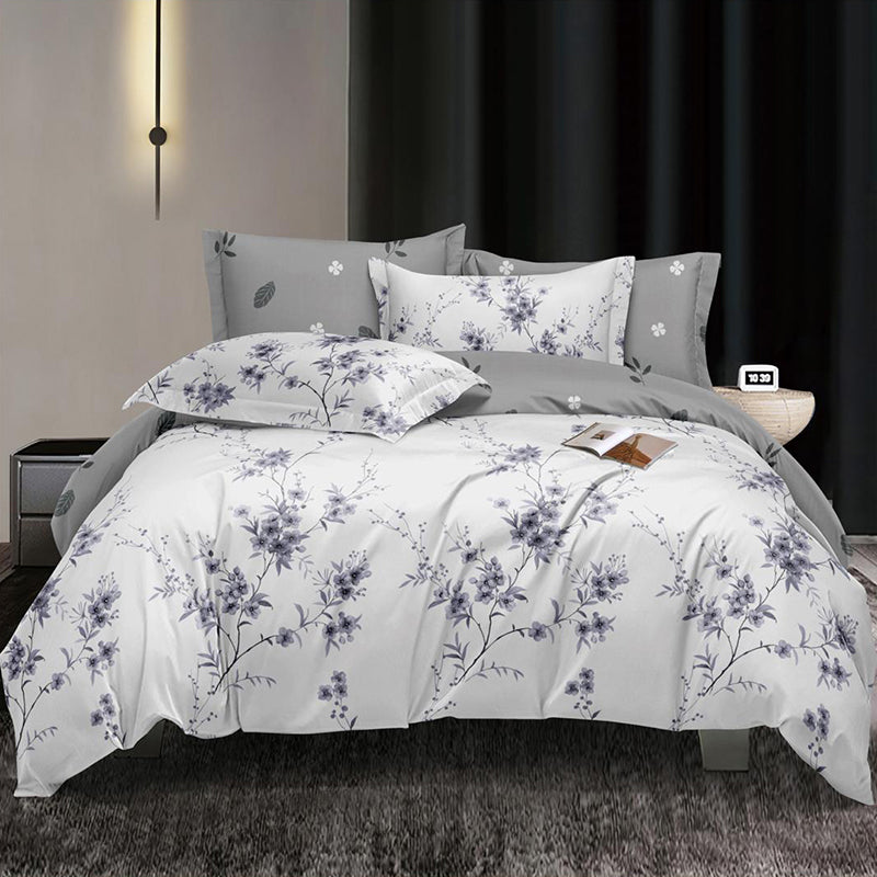 Спално бельо с ластик от 100% памук – бяло и сиво с малки цветя