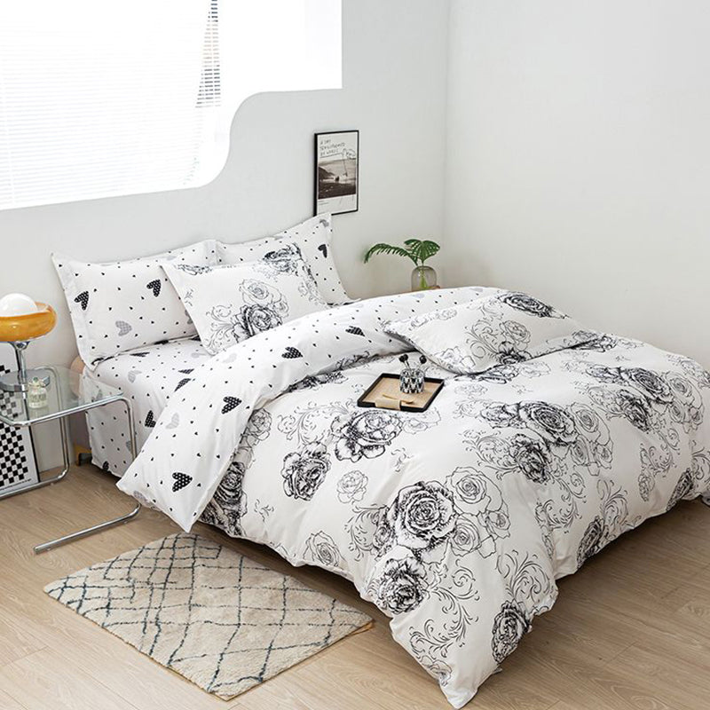 Спално бельо с ластик от 100% памук – бял фон с рози и сърца