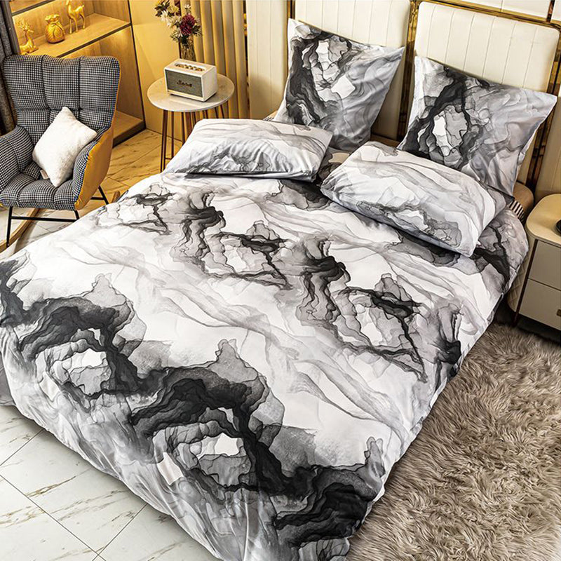 Спално бельо с ластик от 100% памук – бял и черен мрамор