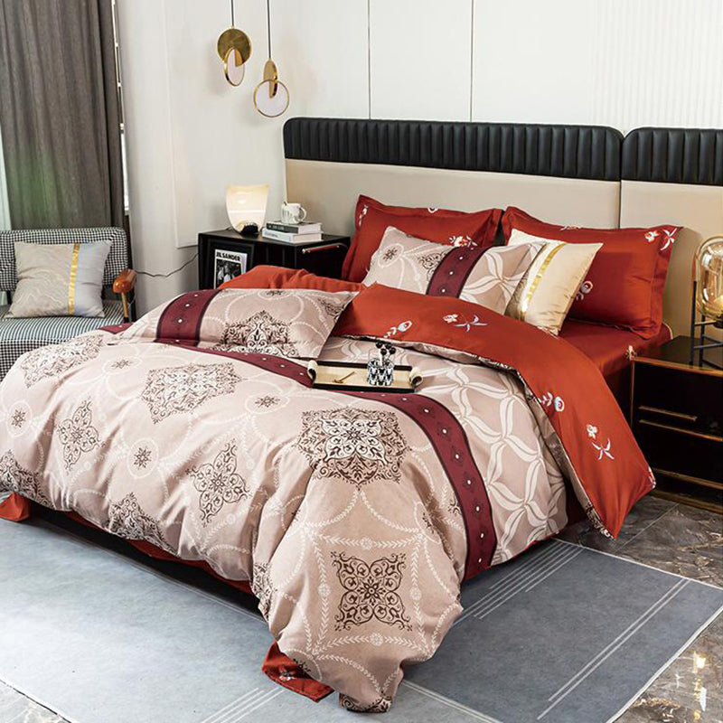 Спално бельо с ластик от 100% памук – бежов и керемиден цвят с орнаменти