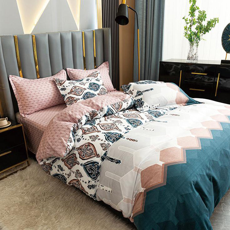 Спално бельо с ластик от 100% памук – бежово, сиво, бяло и синьо с орнаменти