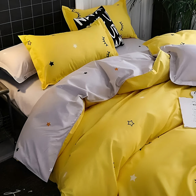Спално бельо с ластик от 100% памук – жълто и сиво с мигли и сърца