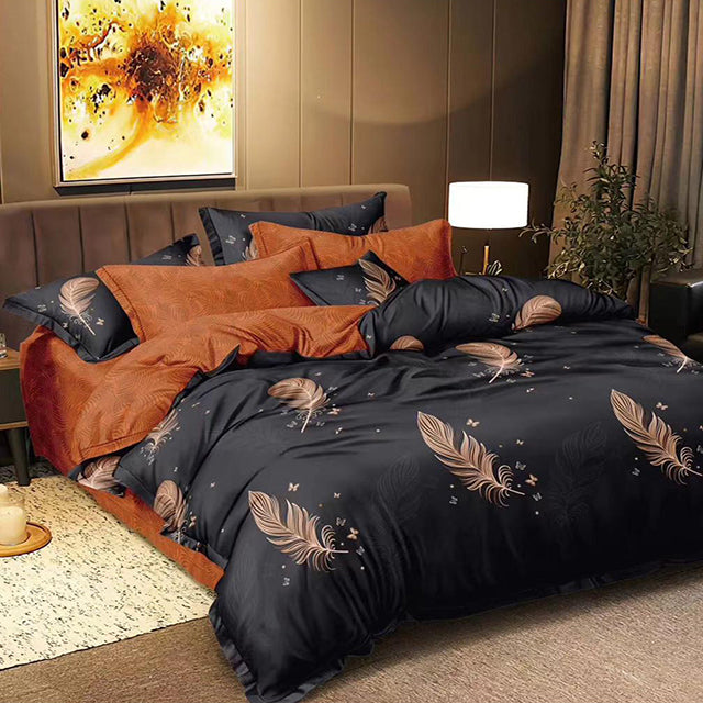 Спално бельо с ластик от 100% памук – черно с кафяви пера