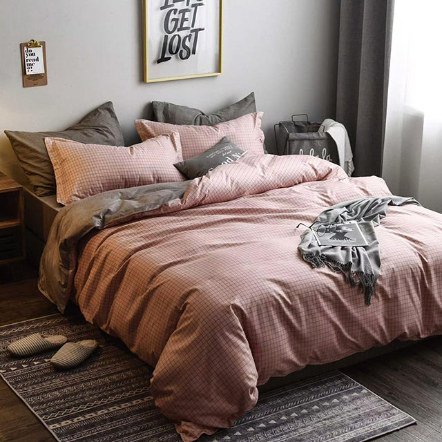 Спално бельо с ластик от 100% памук – розово на квадратчета