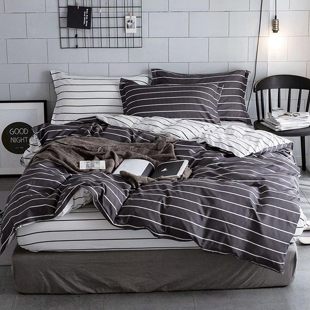 Спално бельо с ластик от 100% памук – тъмносиво и бяло на райета