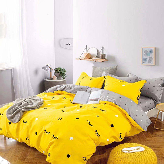 Единично спално бельо от 100% памук – жълто и сиво с мигли и сърца