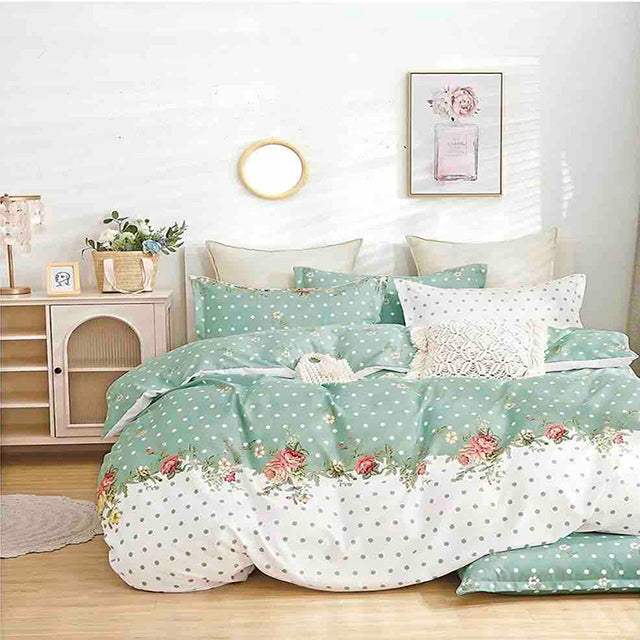 Единично спално бельо от 100% памук – зелено и бяло с рози и точки