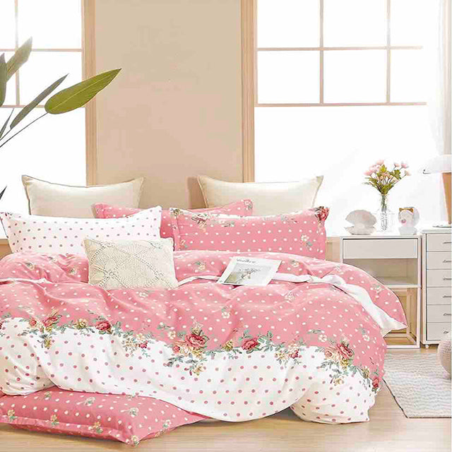 Единично спално бельо от 100% памук – розово и бяло с цветя и точки