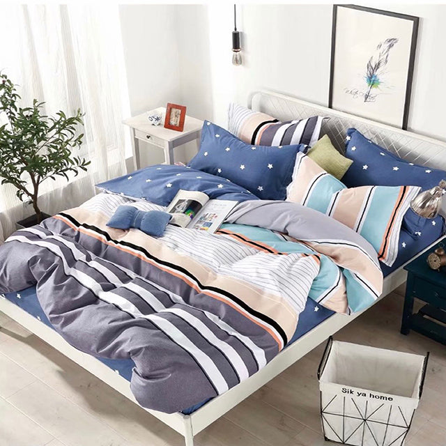 Единично спално бельо от 100% памук – тъмносиньо с линии и звезди