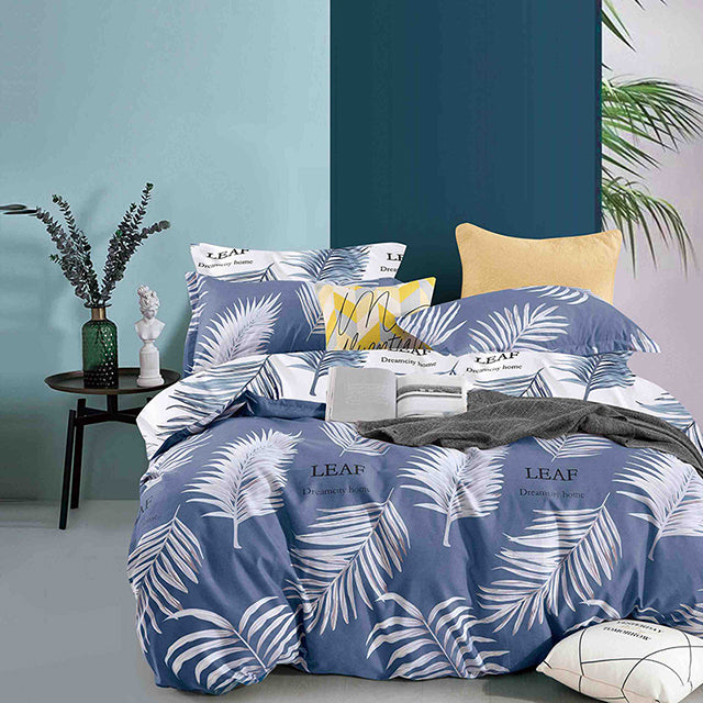 Единично спално бельо от 100% памук – синьо с пера