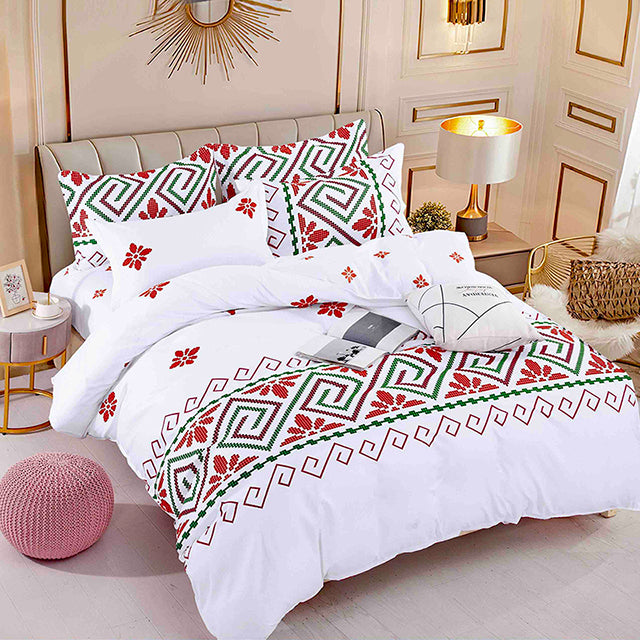 Единично спално бельо от 100% памук – бяло с червени и зелени орнаменти и цветя