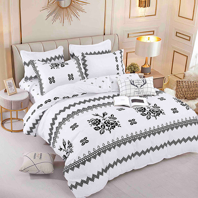 Единично спално бельо от 100% памук – бяло с черни рози и орнаменти