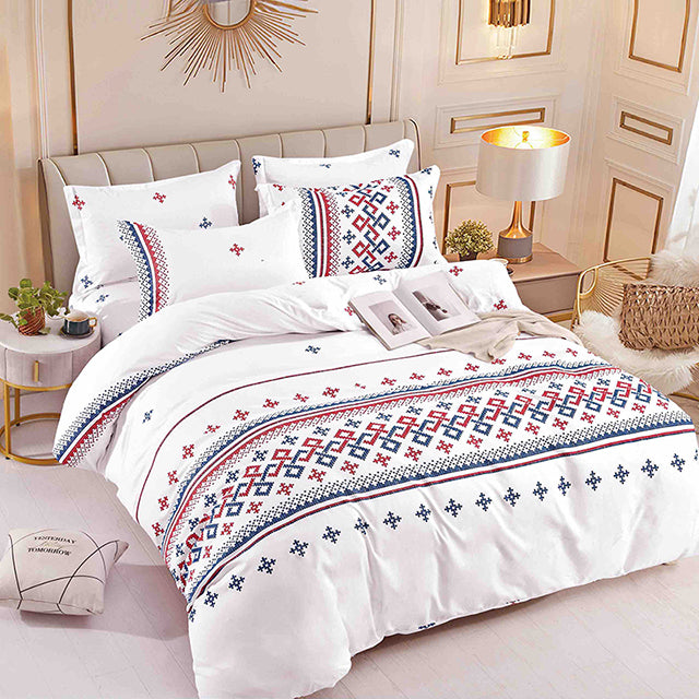 Единично спално бельо от 100% памук – бяло със сини и червени елементи шевици