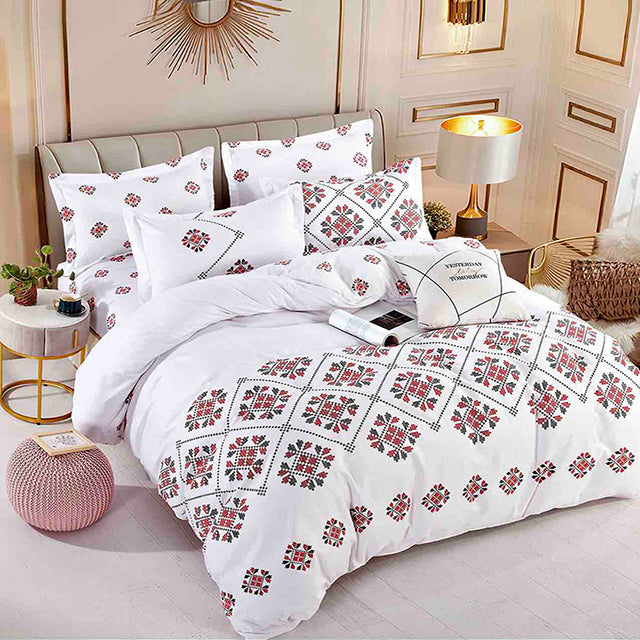 Единично спално бельо от 100% памук – бяло с орнаменти и шевици