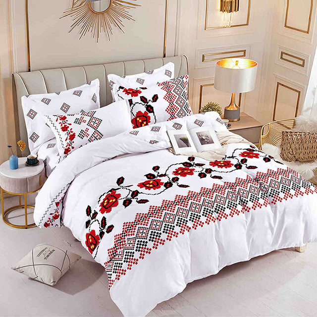 Единично спално бельо от 100% памук – бяло с червени цветя и орнаменти