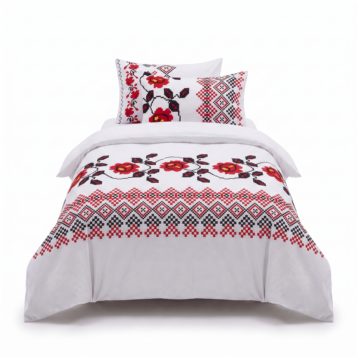 Единично спално бельо от 100% памук – бяло с червени цветя и орнаменти