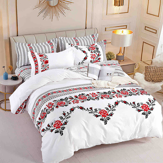 Единично спално бельо от 100% памук – бяло с червени рози и шевици