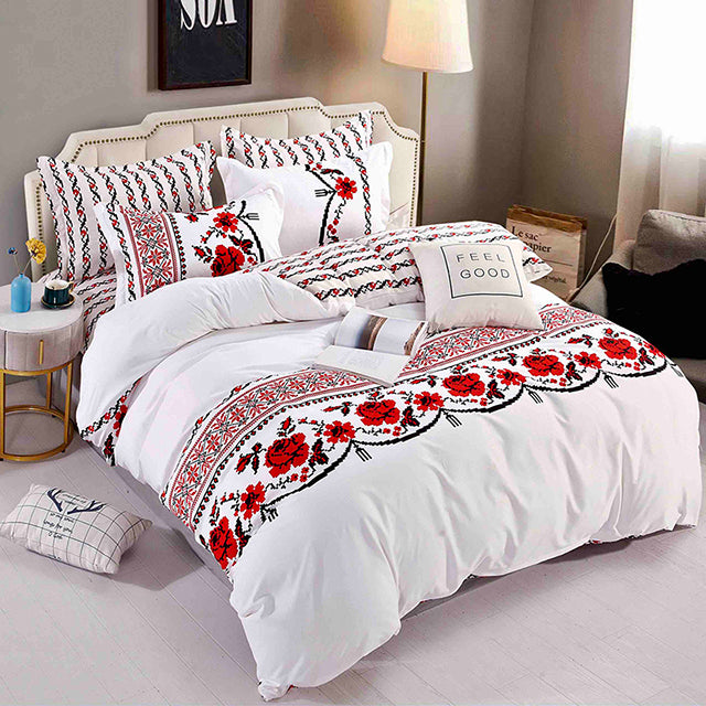 Единично спално бельо от 100% памук – бяло с червени рози