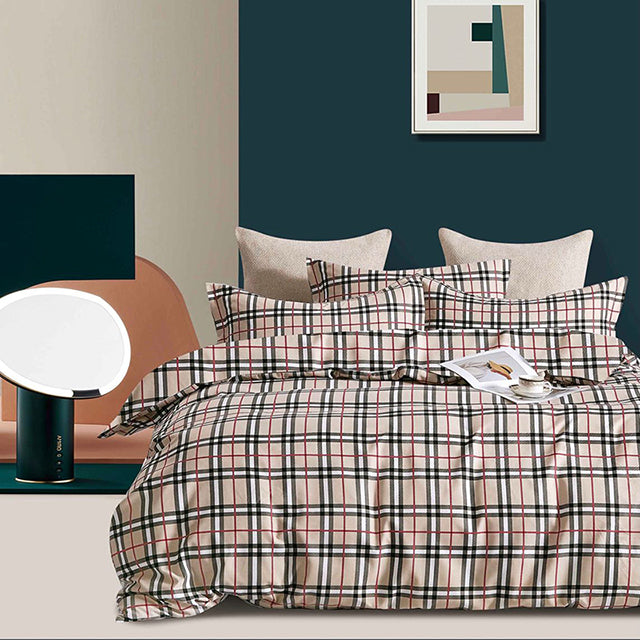 Единично спално бельо от 100% памук – бежово и кафяво с каре