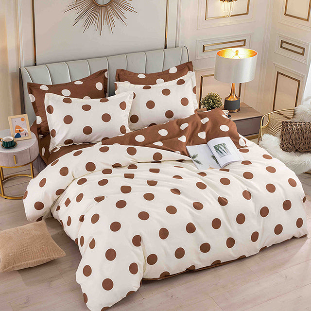 Единично спално бельо от 100% памук – бяло и кафяво на точки
