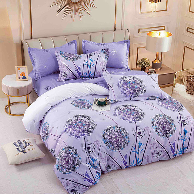 Единично спално бельо от 100% памук – лилаво с глухарчета