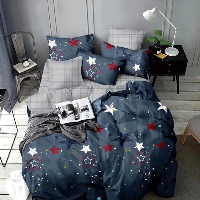 Единично спално бельо от 100% памук – тъмносиньо и сиво със звезди