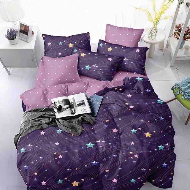 Единично спално бельо от 100% памук – лилаво със звезди